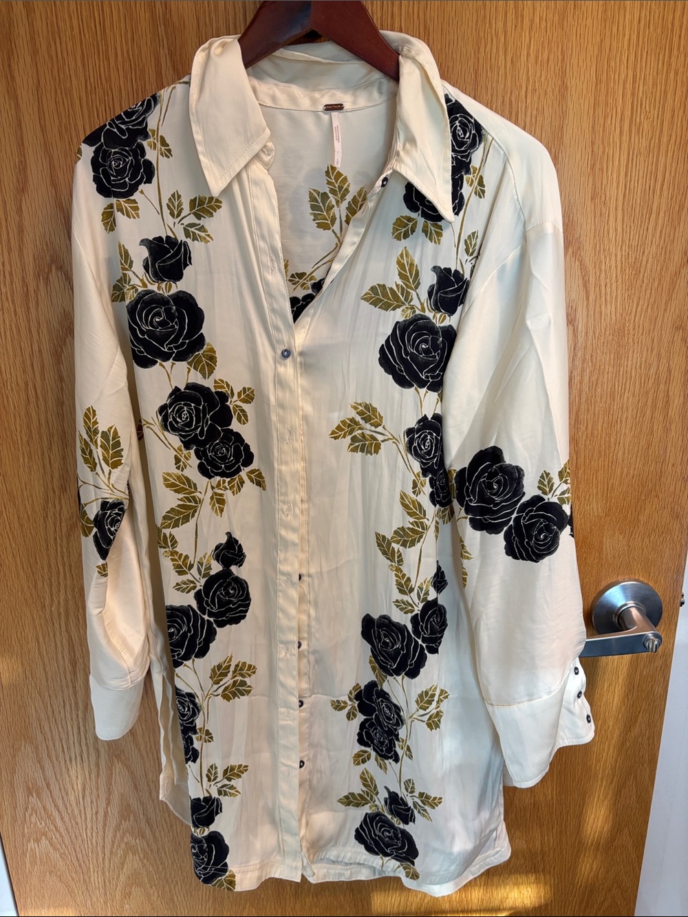 Free People Cream tunic or shirt dress with Olive Leaf Print